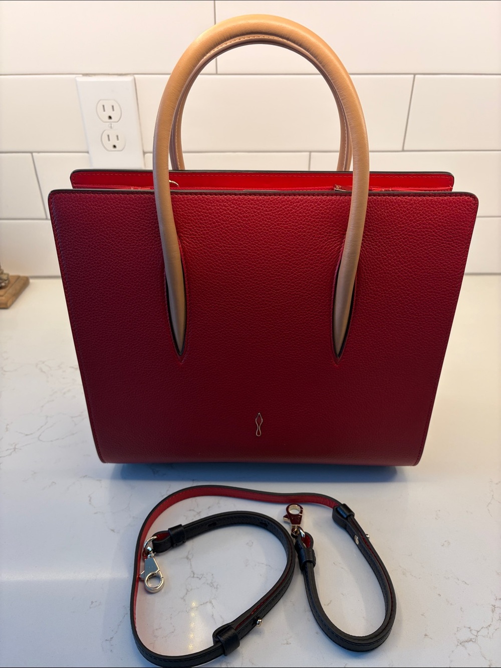 Christian Louboutin Paloma Medium Tote-Red Grained Calfskin - Nude Handles NEW
